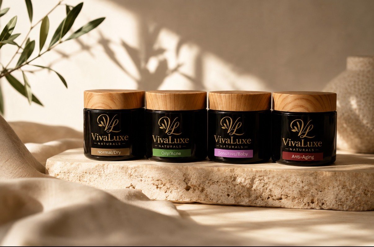 VivaLuxe Naturals tallow skincare in black jars with wooden lids