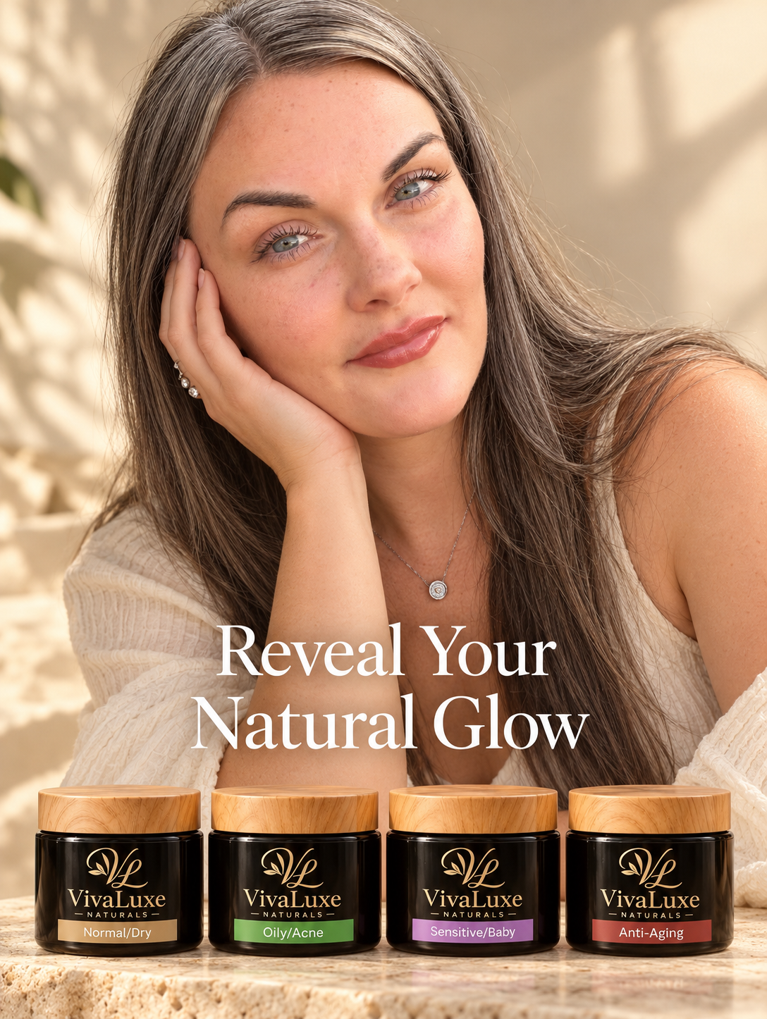 VivaLuxe natural glow skincare collection VivaLuxe Naturals founder with four tallow skincare creams. Reveal Your Natural Glow.